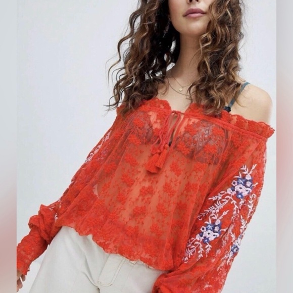 Free People Tops - Free People Top Jubilee Floral Embroidered Blouse NWT Red